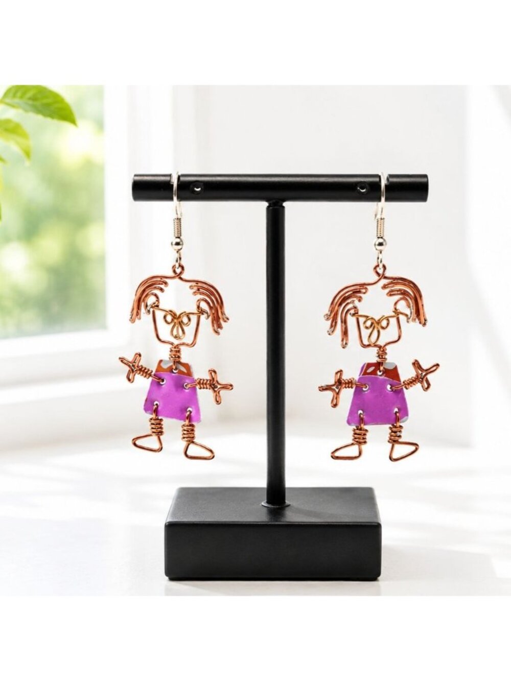 Vintage Handcrafted Copper Wire & Purple Enamel Doll Earrings - Unique Style